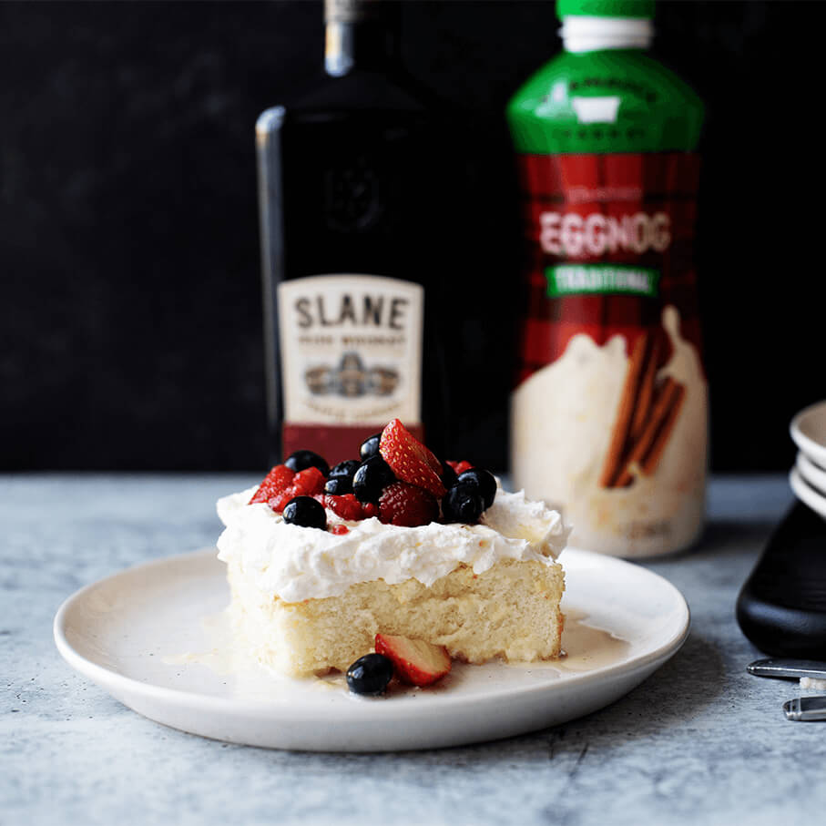 Eggnog Tres Leches and Slane Irish Whiskey Drunken Berries Shamrock Farms